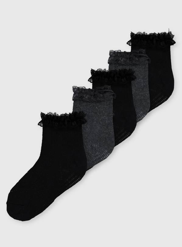 Black & Grey Lace Trim Socks 5 Pack 6-8.5